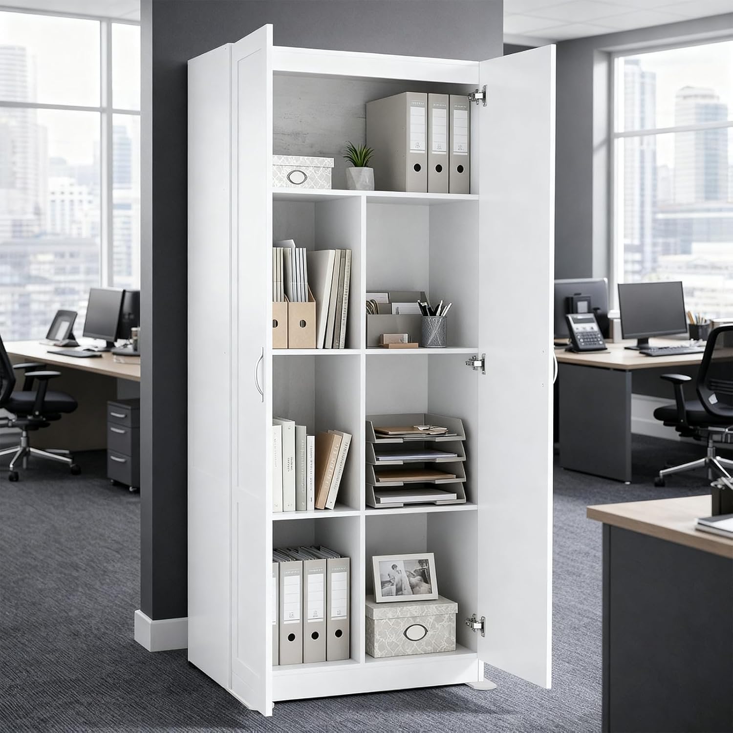 Office Storage Cabinet, Large Capacity Organizer, Wooden Bedroom Storage Unit for CD, Blankets and Books, Suitable for Living Rooms, Office and Study Rooms, White