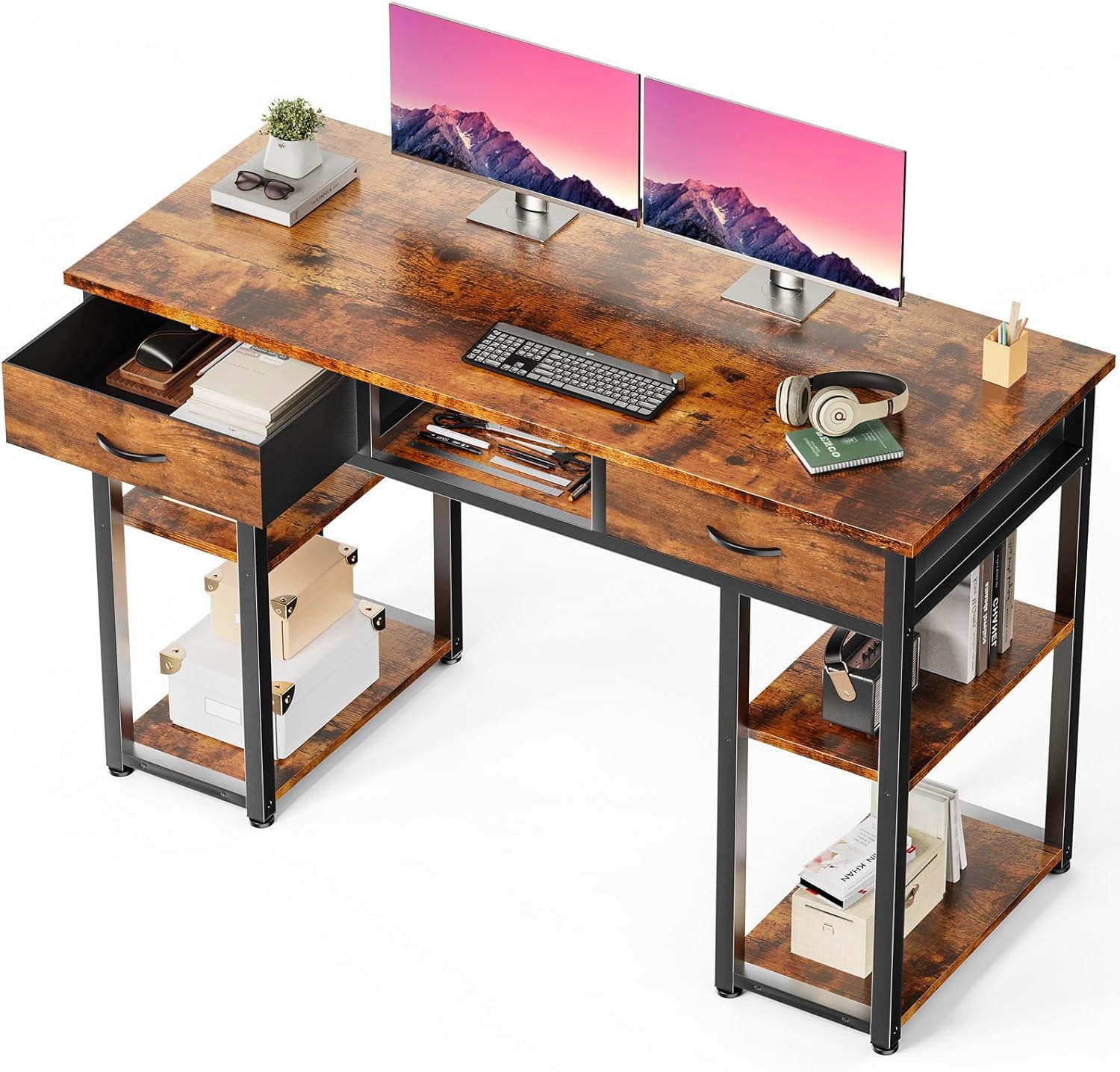 Computer Desk with Storage, Small Home Office Desk with 3 Fabric Drawers & Side Pocket, Space Saving Writing Desk for Apartment, Dorm, Gaming Workstation, 39 White