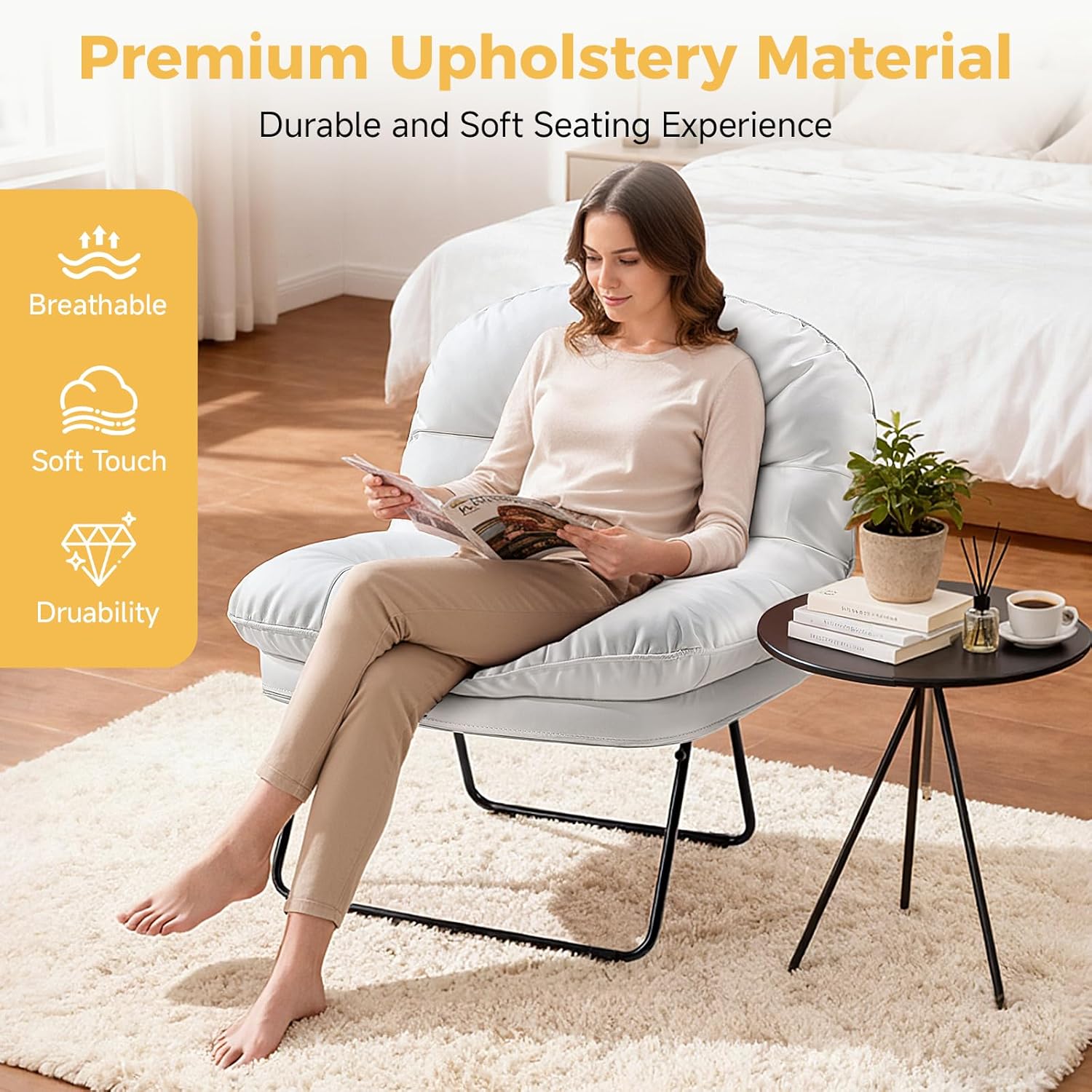 Comfy Saucer Chair,PU Leather Foldable Chairs for Bedroom, Dorm & Gaming, Fashion Floor Chair with Back Support for Small Spaces,Snow White