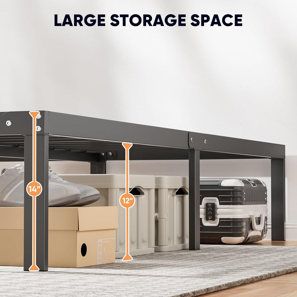 Queen Size Bed Frame - Heavy Duty Metal Platform Bedroom Frames King Size with Storage Space, No Box Spring Needed, 14 Inches High, Sturdy Steel Slat Support, Black