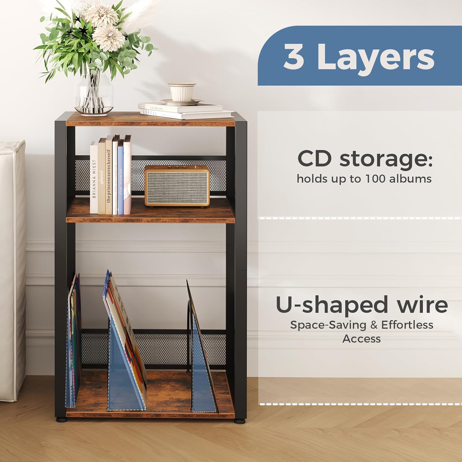 3 Tier Side Table, 2 Pack Record Player Stand with Storage Up to 100 Albums,Turntable Stand for Vinyl, Brown Records Shelf for Living Room Bedroom
