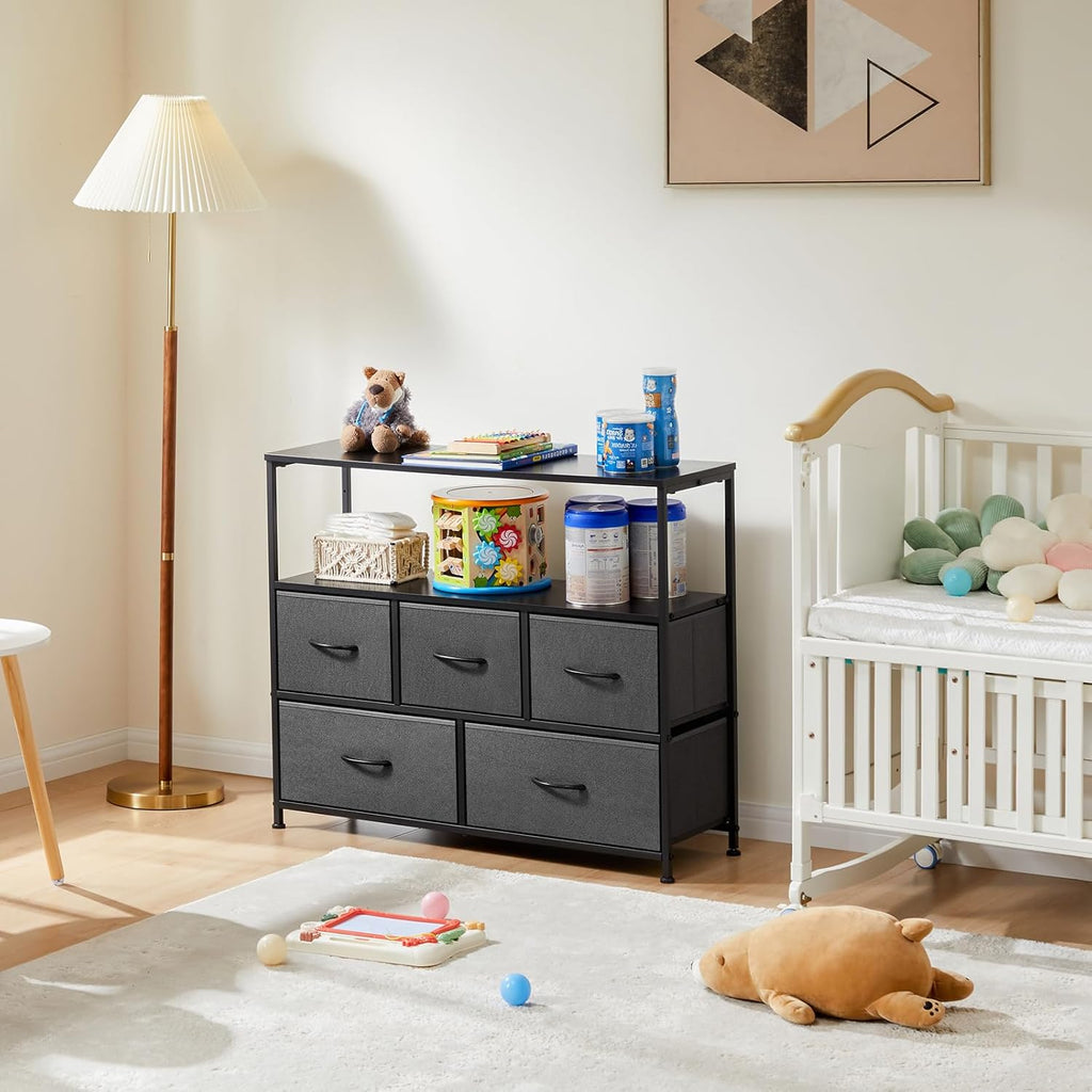 TV Stand, Dresser with 5 Fabric Storage Drawers, Media Console Featuring Open Shelf for TV, Compact Entertainment Unit for Bedroom, Living Space, or Dorm Organization, Grey