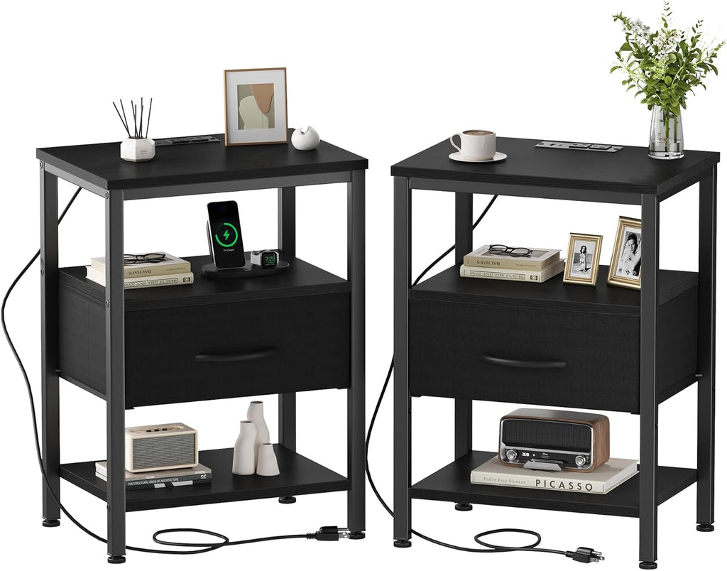 Nightstand Set of 2 with Wireless Charging Station Bed Side Tables with Adjustable Fabric Drawers 3-Tier Storage End Tables Modern Design,Black