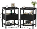 Nightstand Set of 2 with Wireless Charging Station Bed Side Tables with Adjustable Fabric Drawers 3-Tier Storage End Tables Modern Design,Black