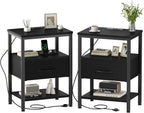 Nightstand Set of 2 with Wireless Charging Station Bed Side Tables with Adjustable Fabric Drawers 3-Tier Storage End Tables Modern Design,Black
