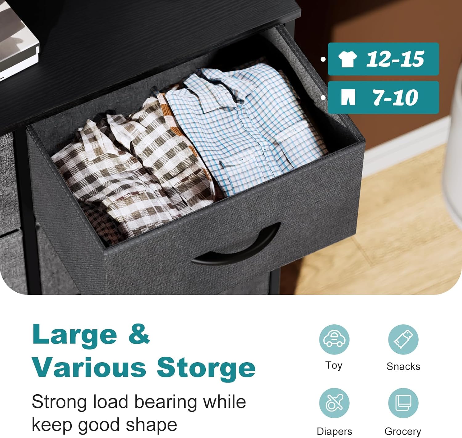 8 Drawer Storage Dresser with Wood Top - Wide Fabric Chest Organizer for Bedroom, Closet, Living Room,Tower Cabinet, TV Stand, Hallway Entryway Furniture,Grey