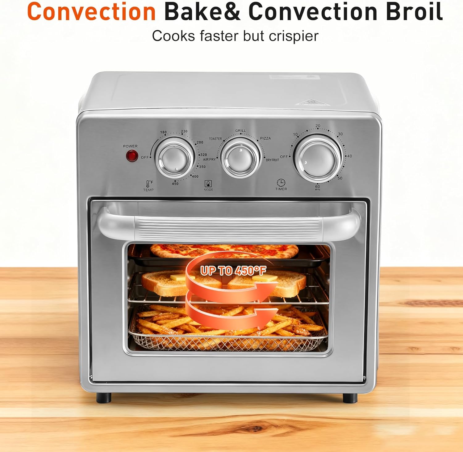Air Fryer Toaster Oven Combo, 16.9QT Oven Countertop 5 Functions in 1, 4 Accessories Included, Stainless, Up to 450??F