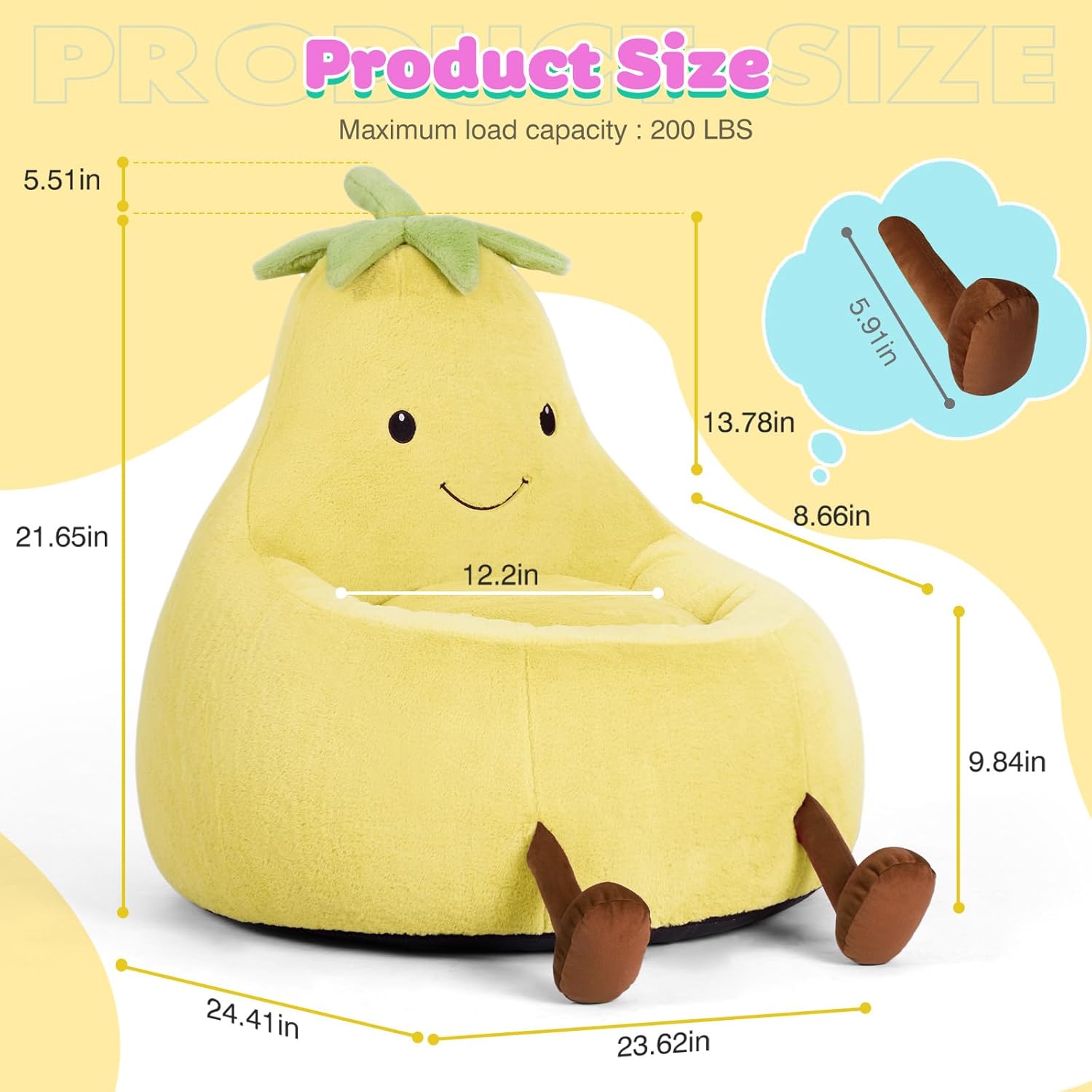 Kids Bean Bag Chair, Stuffed Toddler Couch with Faux Rabbit Fur Cover for Teens & Kids, Comfy Lazy Sofa Chair for Reader, Living Room, Bedroom, Aged 4-12 Years, 24 Inch, Yellow