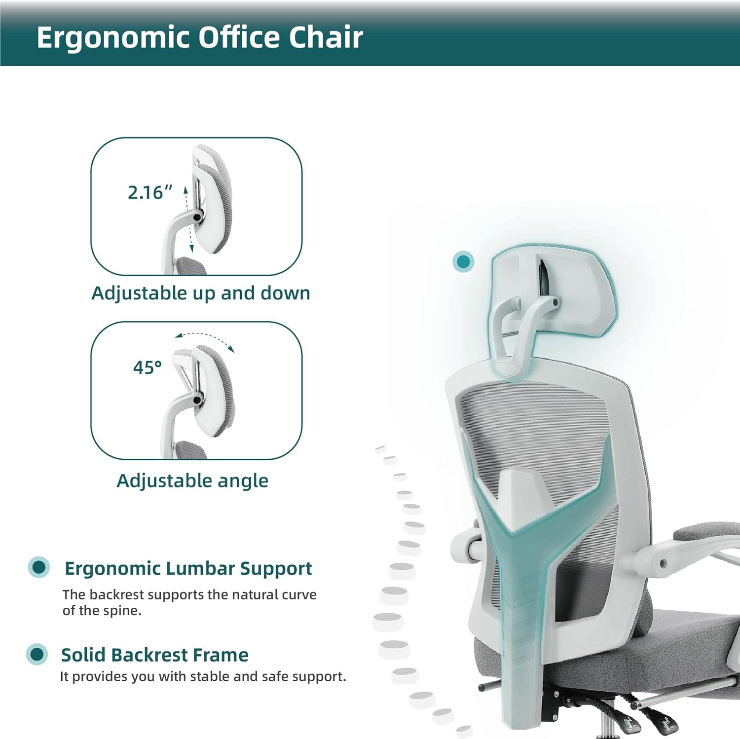 Home Office Desk Chair with Footrest, High-Back Mesh Rolling Swivel Reclining Chairs with Wheels, Comfortable Headrest, Lumbar Support, Comfy Arms for Home, Office, Gaming, Student,Elegant Grey