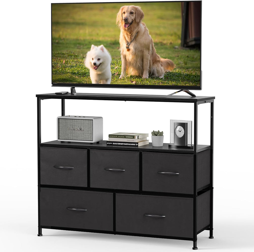 TV Stand, Dresser with 5 Fabric Storage Drawers, Media Console Featuring Open Shelf, Fabric Storage Cabinet with Charging Station, Compact Entertainment Unit for Bedroom, Living Room, White