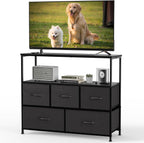 TV Stand, Dresser with 5 Fabric Storage Drawers, Media Console Featuring Open Shelf, Fabric Storage Cabinet with Charging Station, Compact Entertainment Unit for Bedroom, Living Room, White