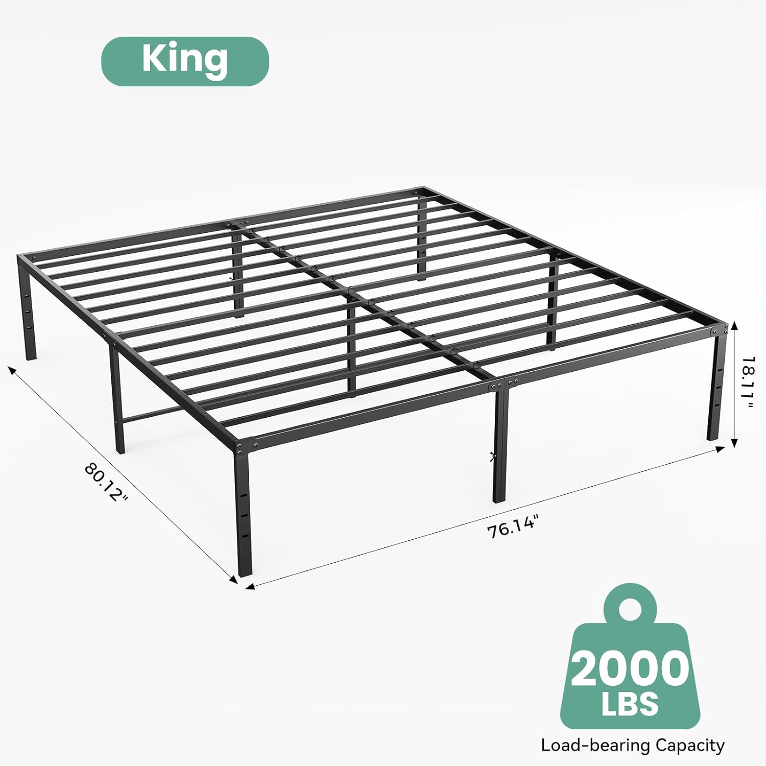 King Size 18 Inch Platform Bed Frame, Heavy Duty Metal Foundation Frame, Noise-Free Sturdy Steel Slats, Underbed Storage, No Box Spring Needed, Quick Setup