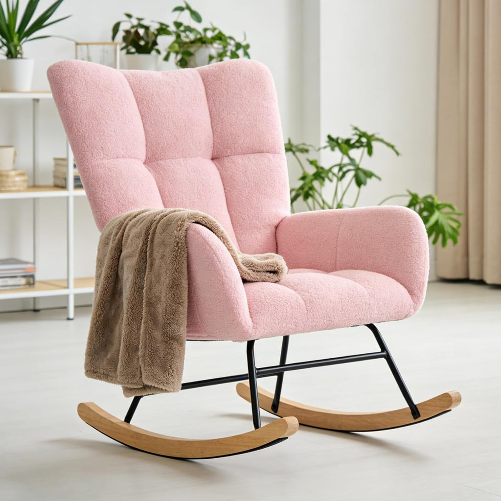 Nursery Rocking Chair Teddy Upholstered, Comfy Glider Rocker with High Backrest Armchair Padded Seat, Accent Side Chair for Living Room Bedroom Offices Small Spaces Indoor, Green