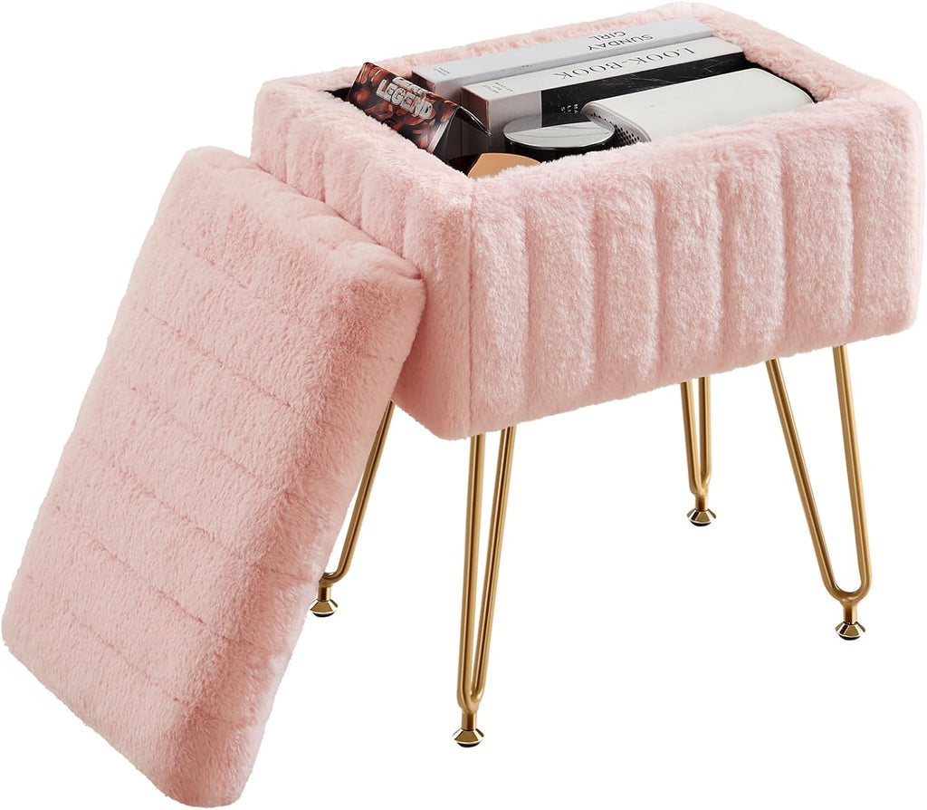 Vanity Stool Chair, Ottoman with Storage, Makeup Cute Soft Small Footstool, Modern Style Faux Fur Seat with 4 Metal Legs & Adjustable Feet for Dressing, Living Room, Bedroom, Dorm, Red