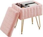 Vanity Stool Chair, Ottoman with Storage, Makeup Cute Soft Small Footstool, Modern Style Faux Fur Seat with 4 Metal Legs & Adjustable Feet for Dressing, Living Room, Bedroom, Dorm, Green