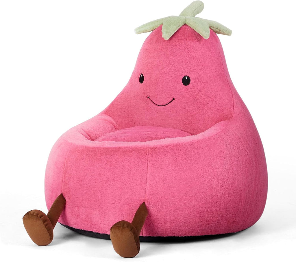 Kids Bean Bag Chair, Stuffed Toddler Couch with Faux Rabbit Fur Cover for Teens & Kids, Comfy Lazy Sofa Chair for Reader, Living Room, Bedroom, Aged 4-12 Years, 24 Inch, Rose Red