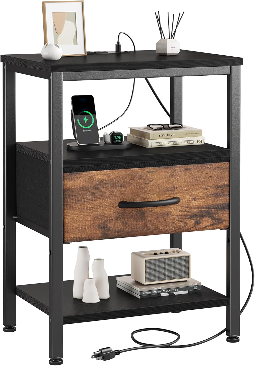 Nightstand Set of 2 with Wireless Charging Station Bed Side Tables with Adjustable Fabric Drawers 3-Tier Storage End Tables Modern Design,Black
