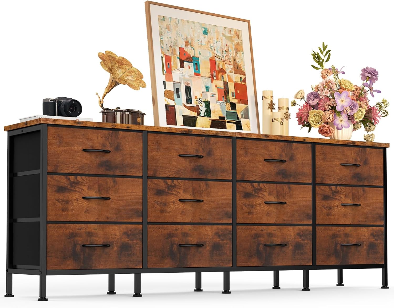 TV Stand 7 Drawer Dresser for Bedroom with Storage TV Stands for Living Room Grey, Farmhouse Entertainment Center Media Console Table with Metal Frame Adjustable Feet