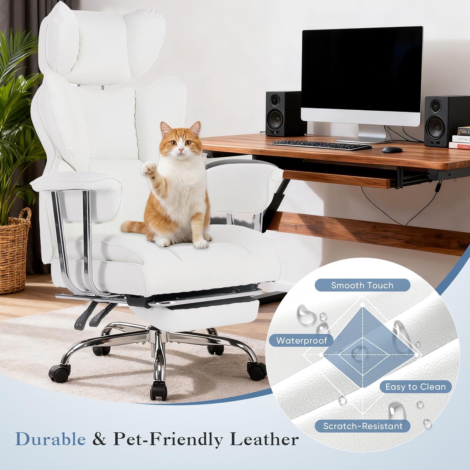 Big and Tall Office Chair 350 LBS, Scratch-Resistant PU Leather Executive Office Desk Chair with Footrest, Ergonomic Reclining Computer Chair with Pocket Spring Support for Home Office, White