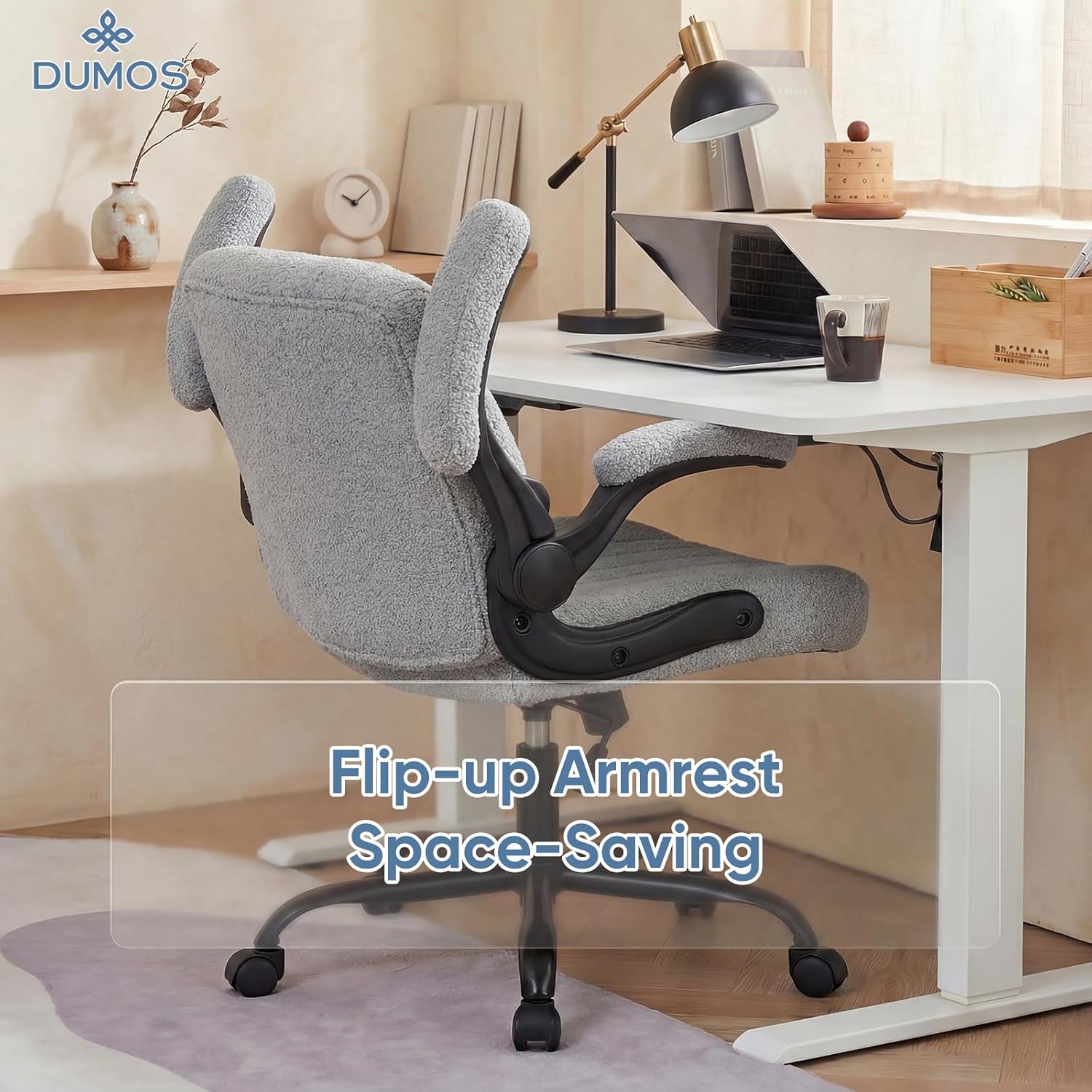 Criss Cross Office Chair with Wheels, Wide Cross Legged Desk Vanity Chair Comfy Fabric Flip-Arms Adjustable Swivel Chairs for Home Computer Bedroom, Grey