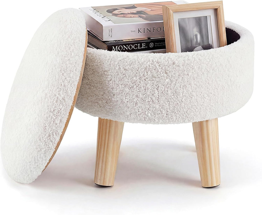 Round Storage Ottoman with Reversible Tray Lid, Multi-Functional Footrest, Teddy Velvet Footstool with Wood Legs, Small Coffee Table for Living Room, Bedroom, Beige