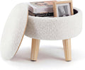 Round Storage Ottoman with Reversible Tray Lid, Multi-Functional Footrest, Teddy Velvet Footstool with Wood Legs, Small Coffee Table for Living Room, Bedroom, Beige