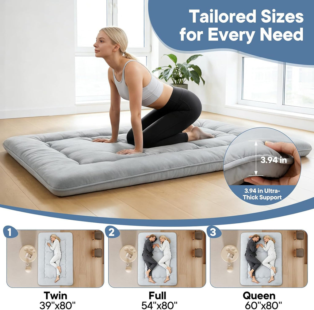 Japanese Floor Mattress Twin Size, Futon Mattress Foldable with Removable Washable Cover, Portable Roll Up Tatami Mat for Kids Room, Dorm, Sleepovers and Solo Sleeper, Gray
