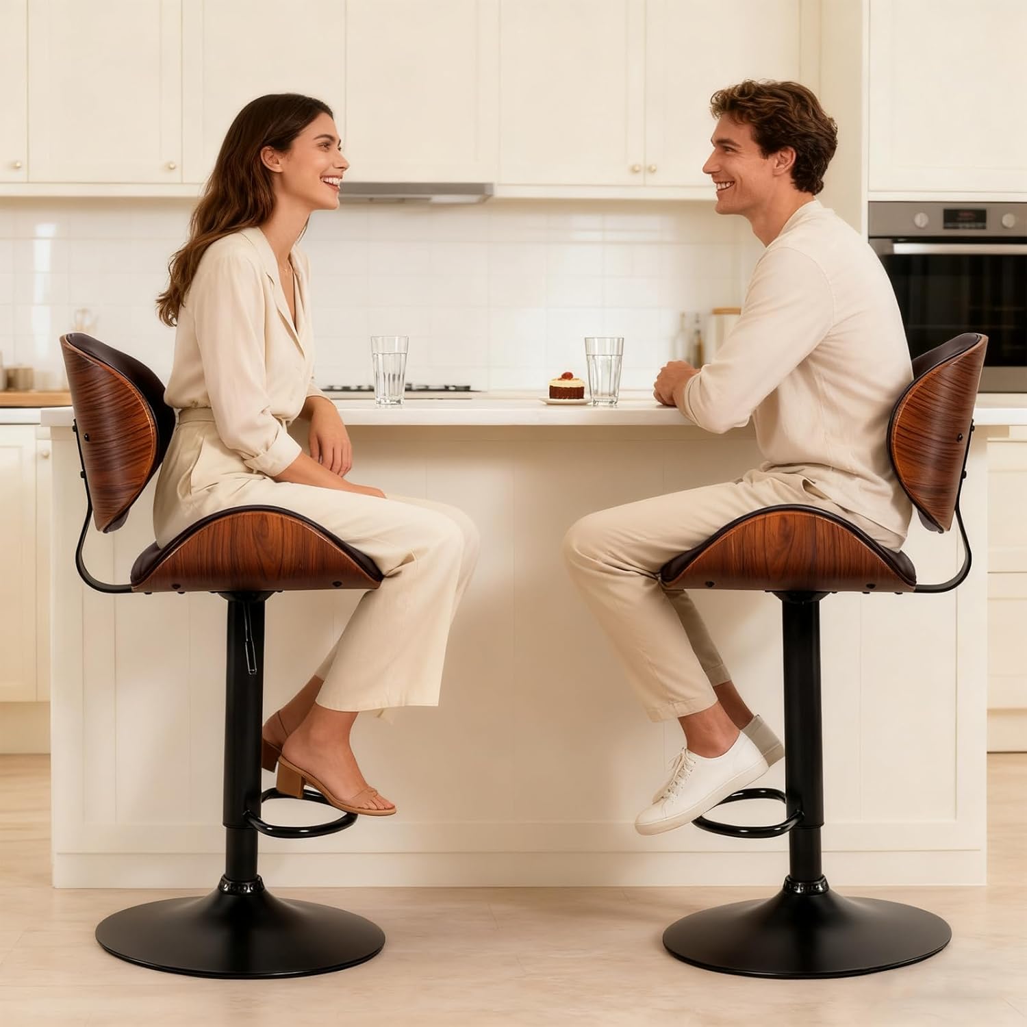 Swivel Bar Stools Set of 2, Adjustable Counter Height Bentwood BarStools, PU Leather Upholstery Bar Chair with Ergonomic Back and Footrest, Counter Stools for Bar, Home Kitchen Island, Brown