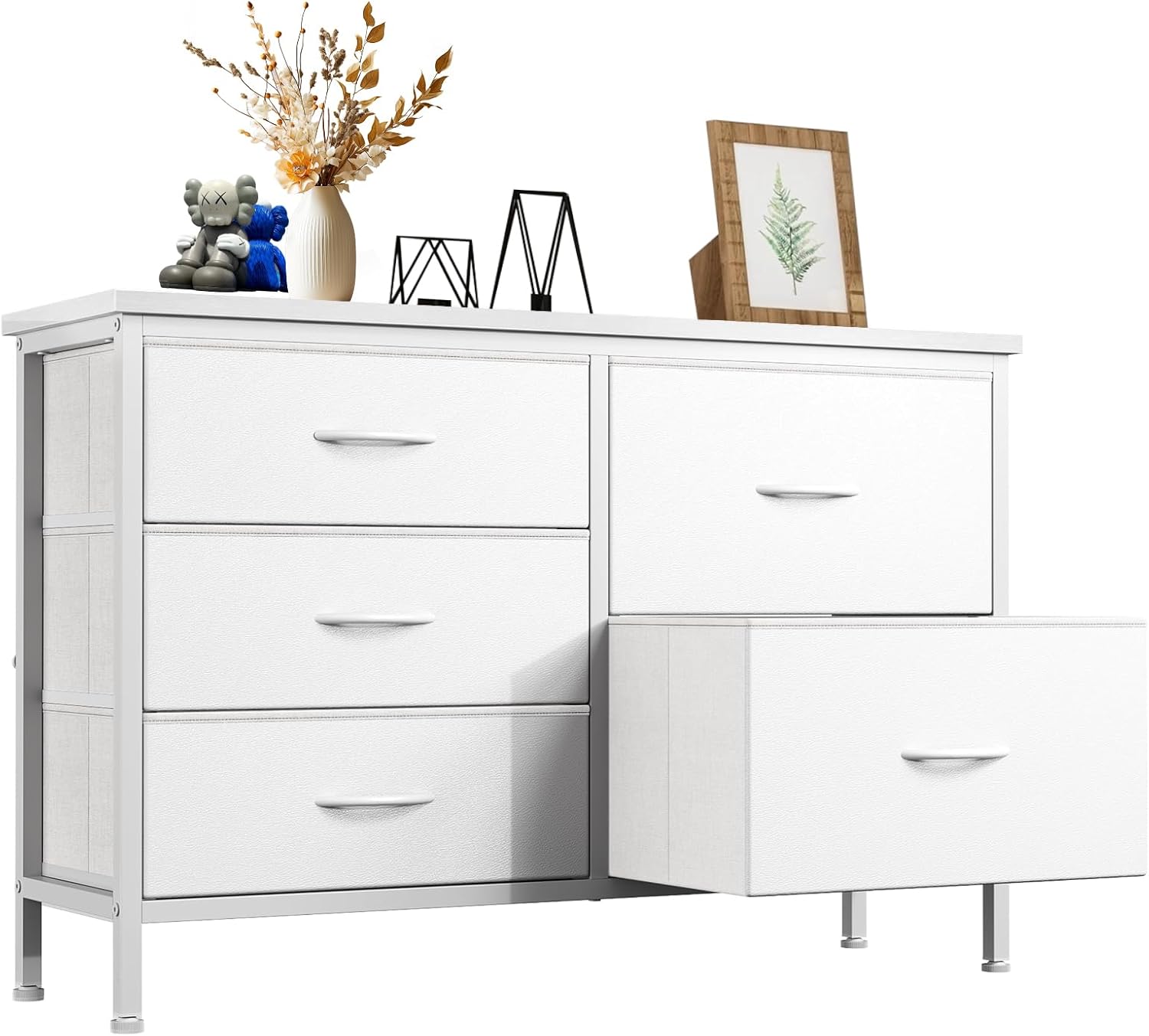 TV Stand for Bedroom with 5 Storage Drawers, Fabric Chest of Drawers with Metal Frame, Living Room Storage Organizers Units for Books, TV Stand and Hallway, Rust