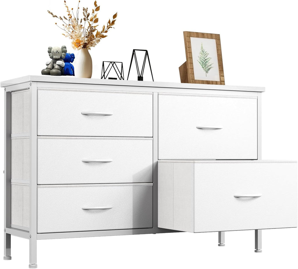 TV Stand for Bedroom with 5 Storage Drawers, Fabric Chest of Drawers with Metal Frame, Living Room Storage Organizers Units for Books, TV Stand and Hallway, Modern Black