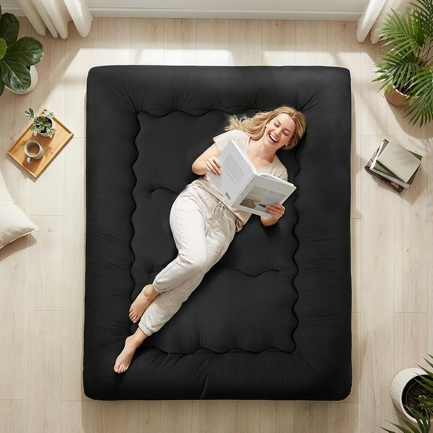 Japanese Floor Mattress Twin Size, Futon Mattress Foldable with Removable Washable Cover, Portable Roll Up Tatami Mat for Kids Room, Dorm, Sleepovers and Solo Sleeper, Black