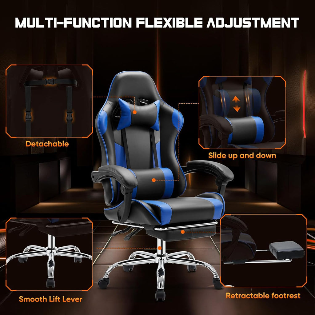 Computer Video Game Desk Chair - Ergonomic Comfy Lumbar Support with Footrest, PU Leather Recliner with Headrest, Fixed Up Armrest, Height Adjustable and 360?? Swivel, for Adults, Blue