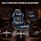 Computer Video Game Desk Chair - Ergonomic Comfy Lumbar Support with Footrest, PU Leather Recliner with Headrest, Fixed Up Armrest, Height Adjustable and 360?? Swivel, for Adults, Blue