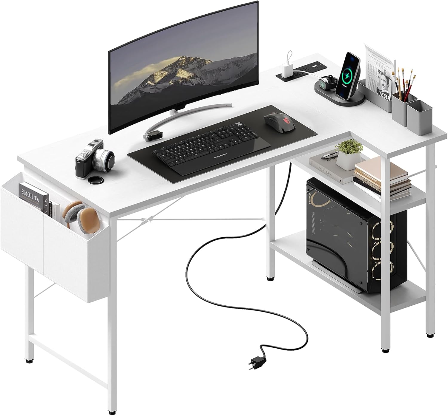 Computer Desk with Storage, Small Home Office Desk with 3 Fabric Drawers & Side Pocket, Space Saving Writing Desk for Apartment, Dorm, Gaming Workstation, 39 White