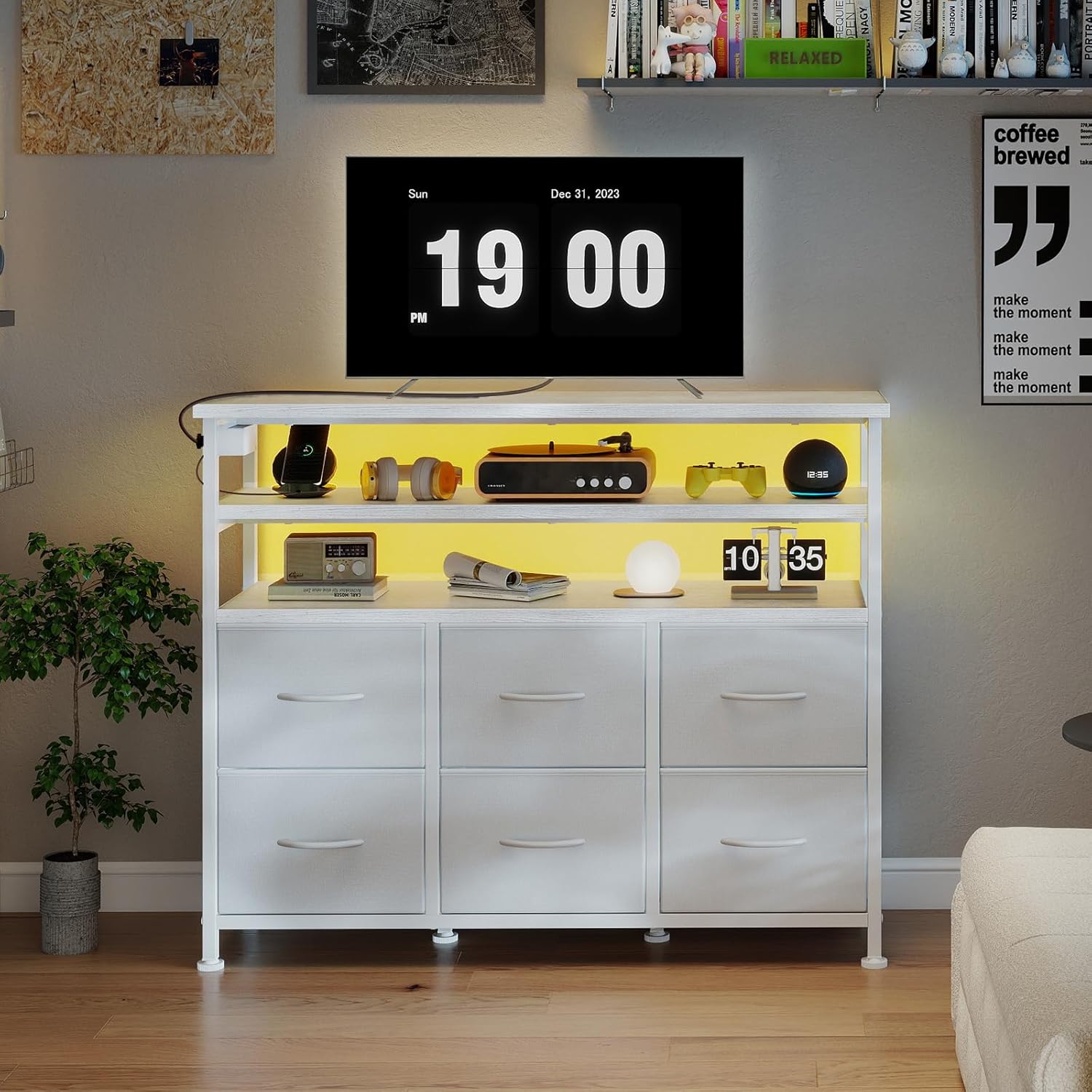 TV Stand for Up to 45 inch TV, Wood Top TV Media Console Table with 6 Fabric Drawers, 2 Shelves, Entertainment Center with LED Lights & Charging Station for Living Room, Hallway, White