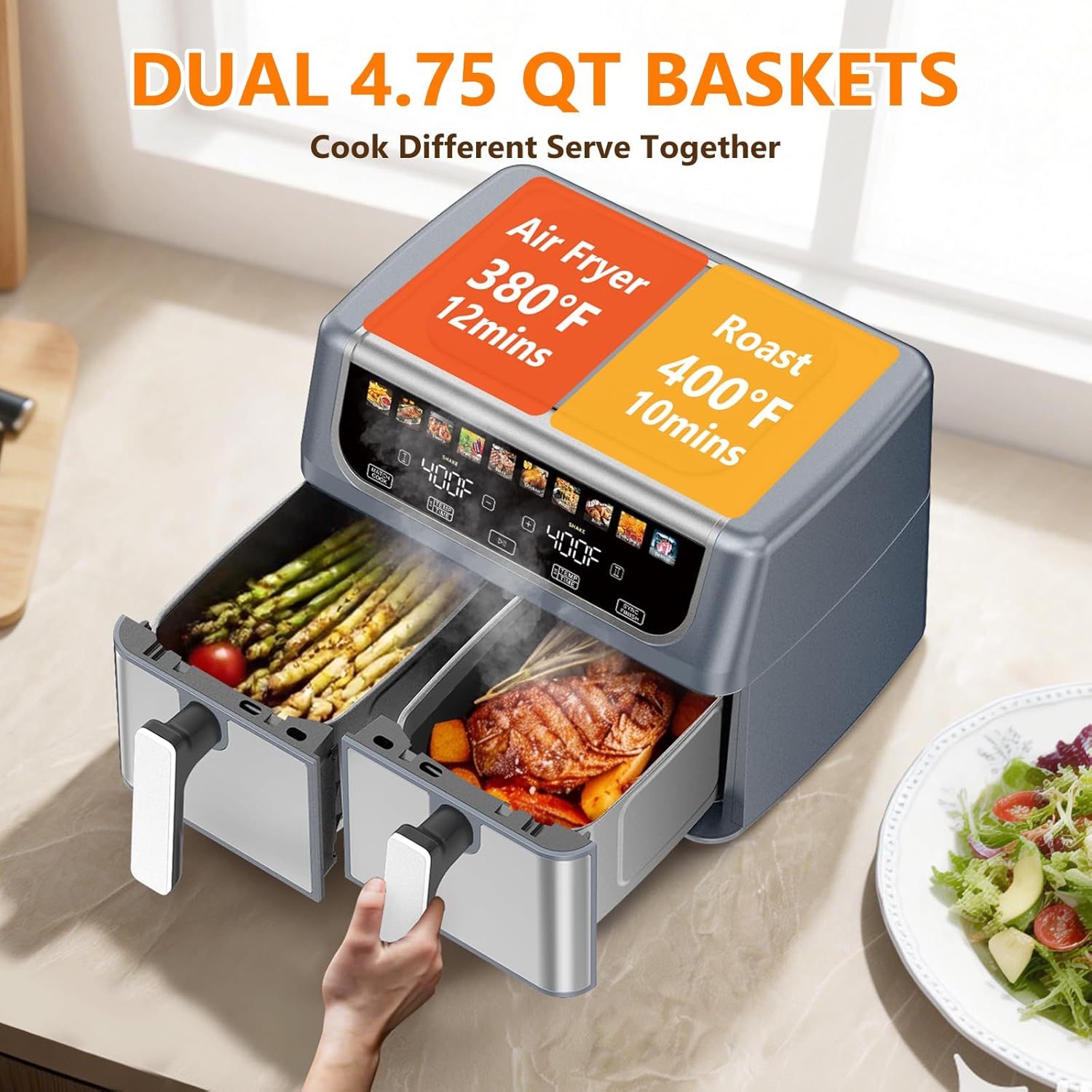 Dual Basket Air Fryer, 9.5 Quart Large Air Fryer with Double Basket, Independent TEMP Control, Sync Setting, Shake Reminder, 10 Presets for Bake, Broil, Defrost, Dehydrate, Grey
