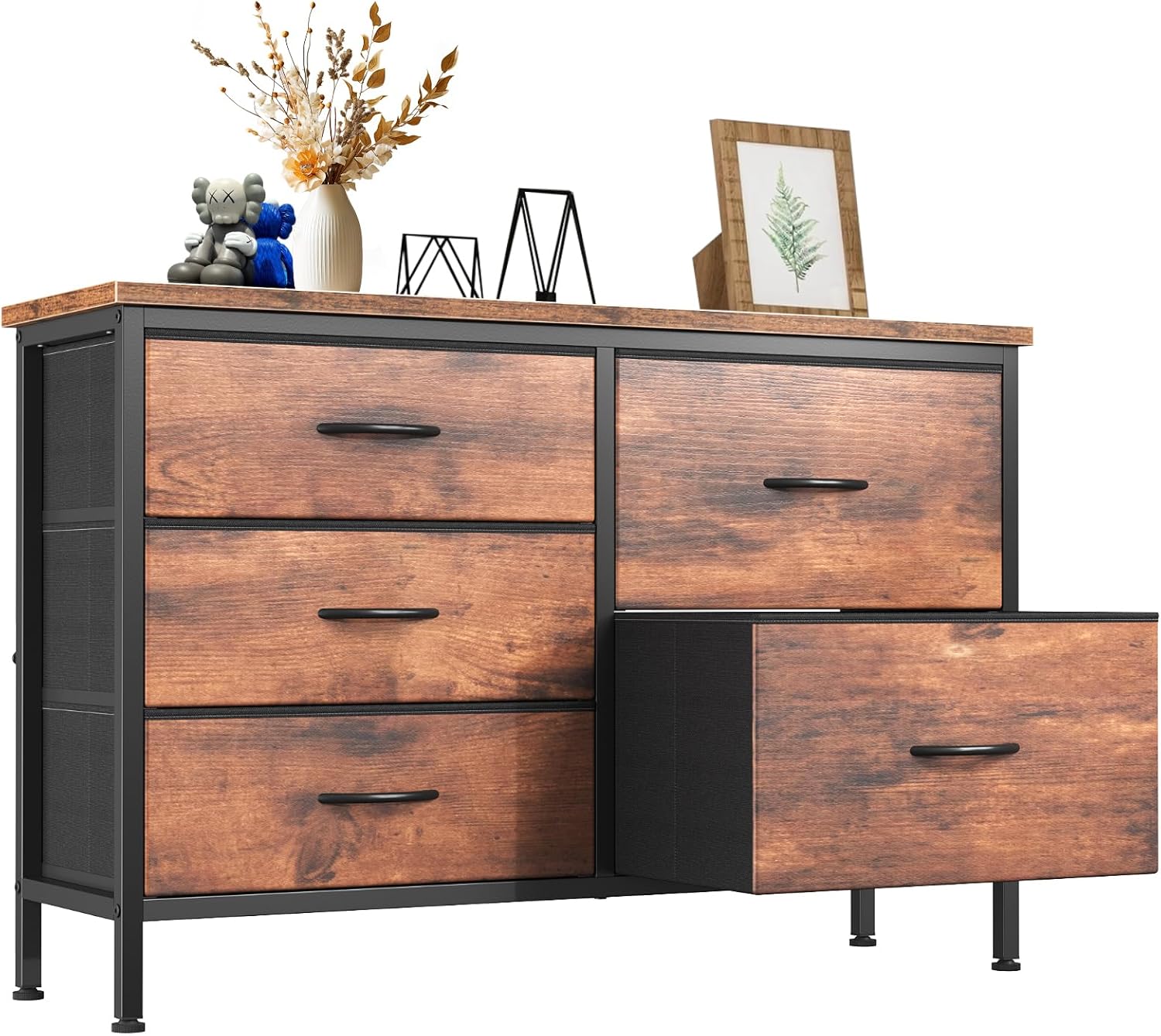 TV Stand for Bedroom with 5 Storage Drawers, Fabric Chest of Drawers with Metal Frame, Living Room Storage Organizers Units for Books, TV Stand and Hallway, Modern Black