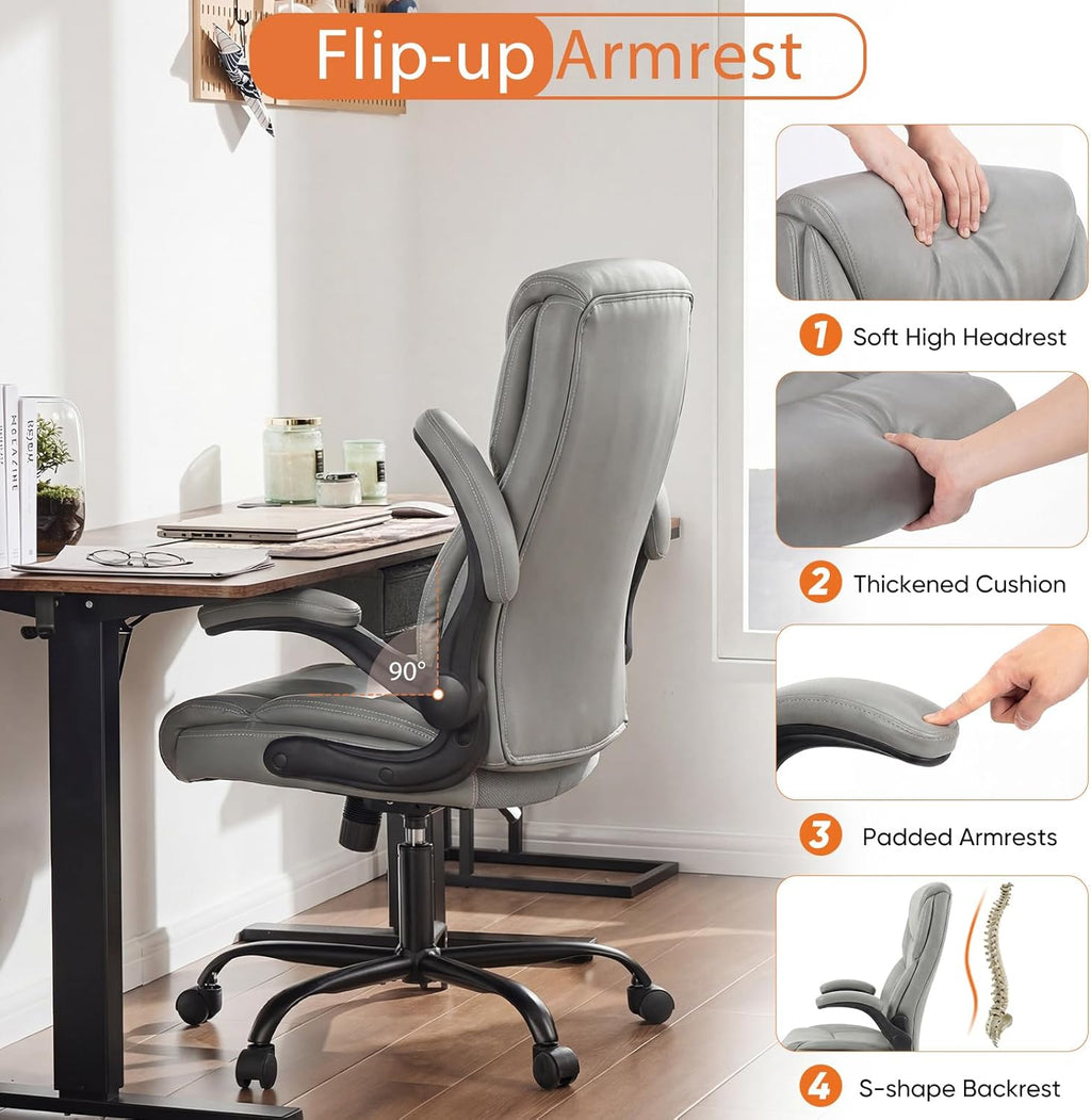 Office Computer Gaming Chair, Ergonomic High Back Heavy Duty Task Desk Chairs with Wheels, Flip-up Arms, Adjustable Height, PU Leather, Grey