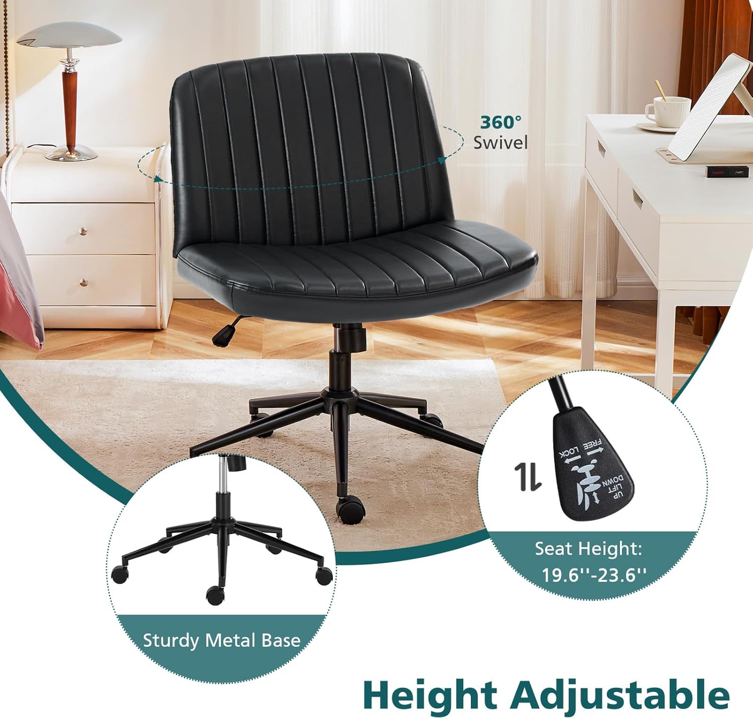 Criss Cross Chair with Wheels Wide Cross Legged Office Desk Vanity Chair Comfy Fabric Armless Adjustable Swivel for Home Computer Task PU Black