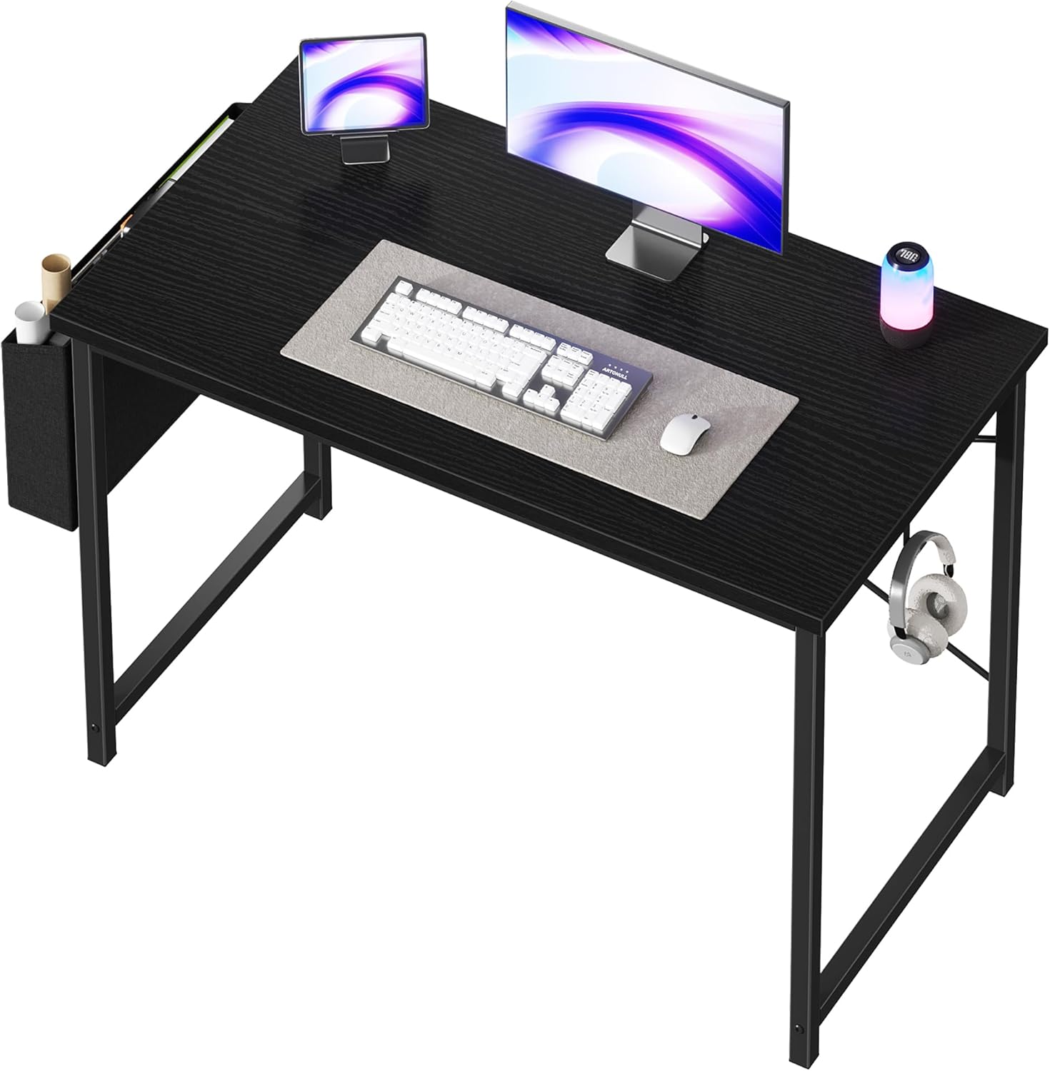 Computer Desk 44 Inch Home Office Desks for Small Spaces, Gaming Writing Study Work Table with Storage Bag and Headphone Hook for Bedroom, Black
