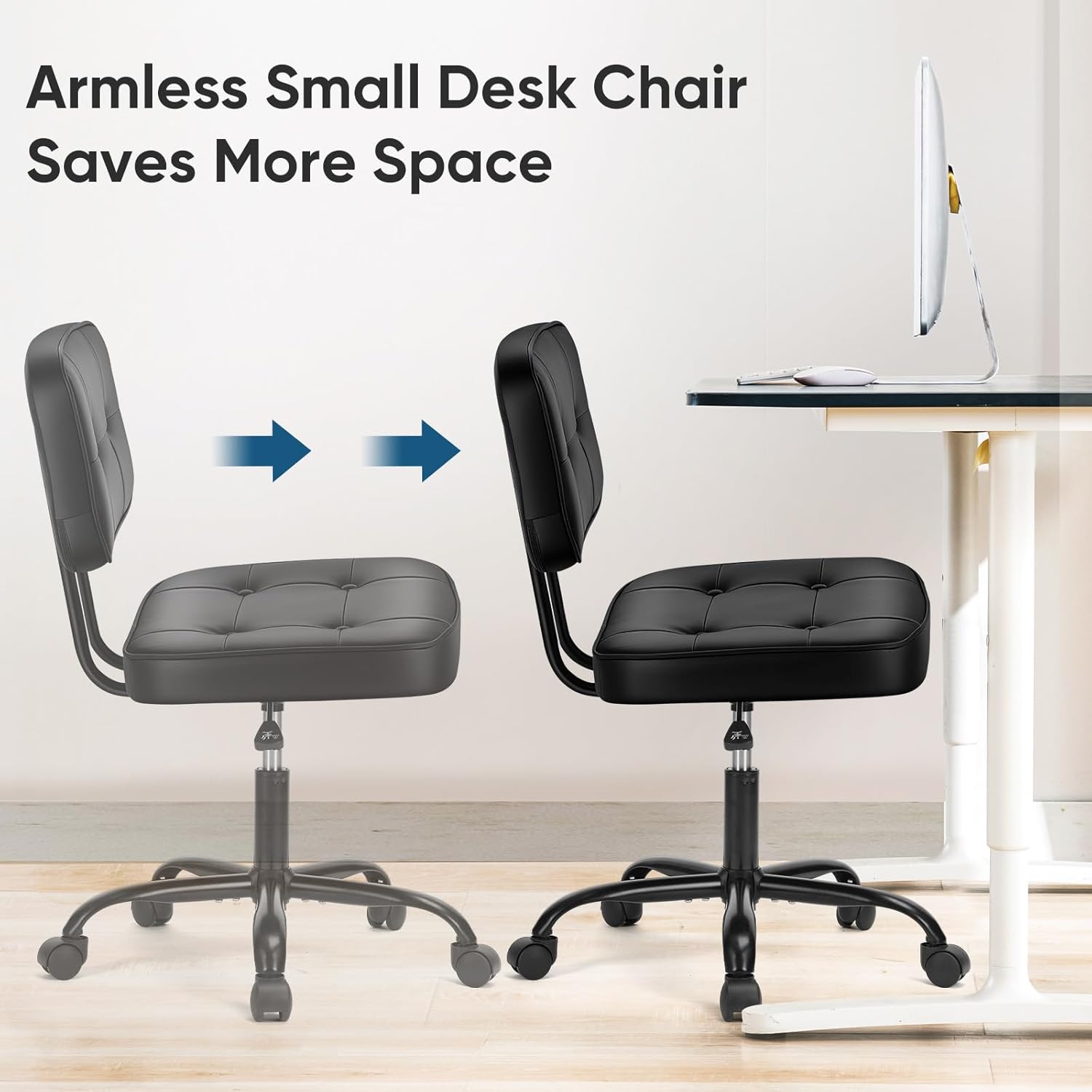 Home Office Desk Chair - Ergonomic Armless PU Leather Computer Rolling Task Chair??with Comfy Lumbar Support and Height Adjustable, Vanity, Bedroom, Black