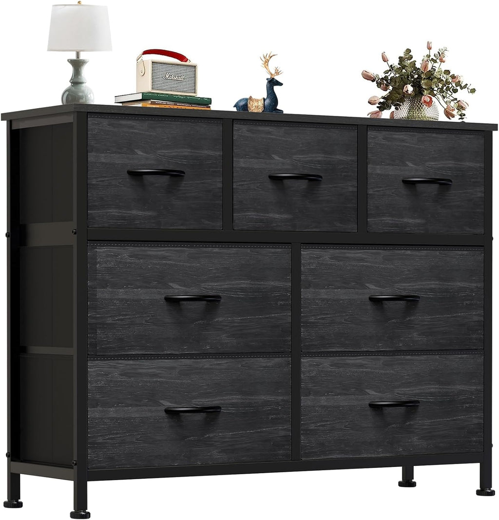 8 Drawer Dresser for Bedroom, Wide Fabric Storage Tower with Wooden Top and Metal Frame, Closet Chest Organizer Furniture, Living Room Hallway, Black