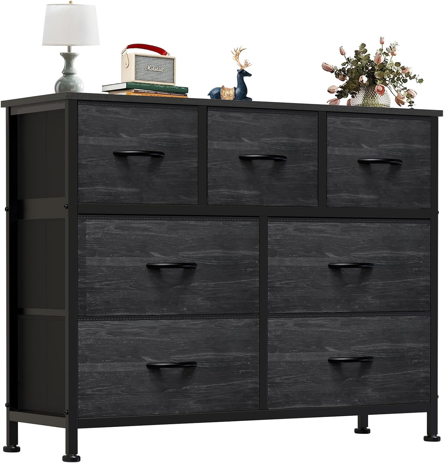 8 Drawer Dresser for Bedroom, Wide Fabric Storage Tower with Wooden Top and Metal Frame, Closet Chest Organizer Furniture, Living Room Hallway, Black