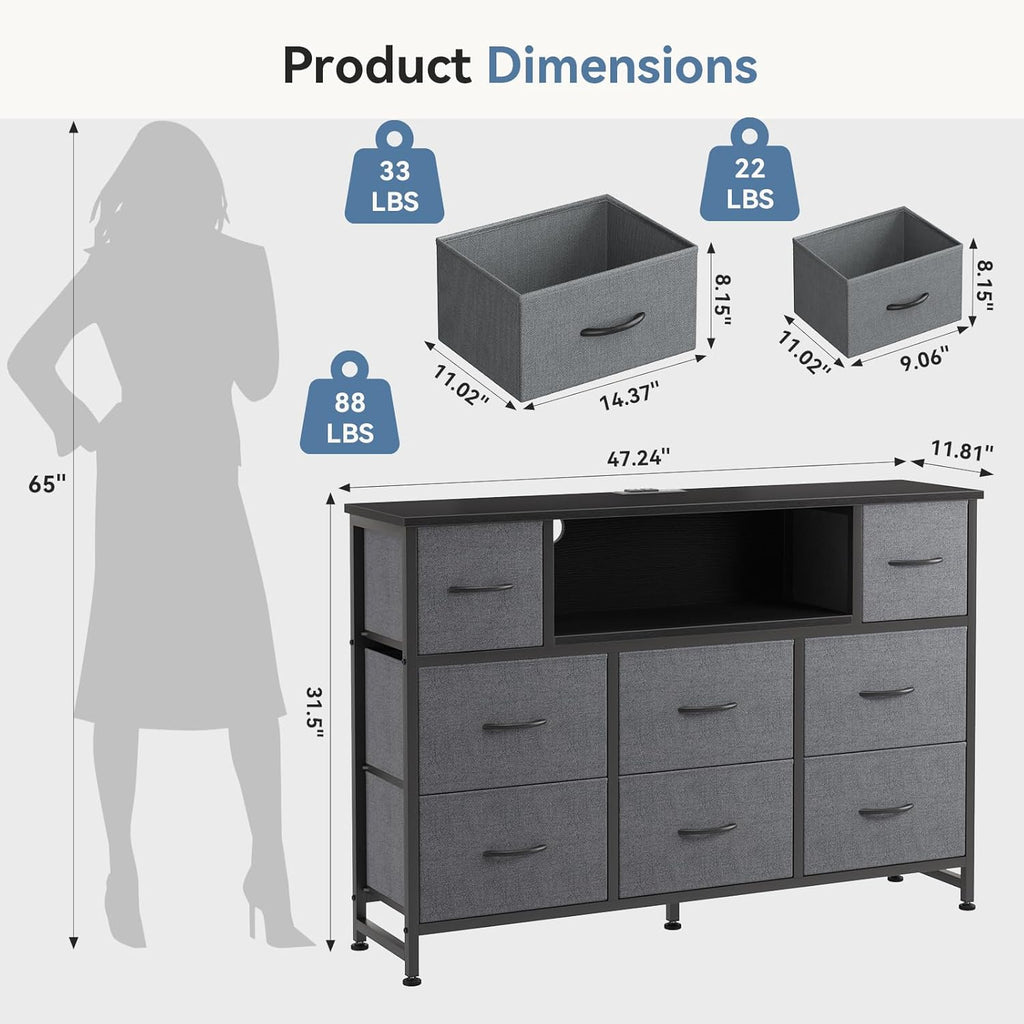 TV Stand Dresser with 8 Fabric Drawers and Open Shelves, LED Entertainment Center with Charging Station, Wood Top Media Console for 45-55 inch, Bedroom, Grey