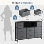 TV Stand Dresser with 8 Fabric Drawers and Open Shelves, LED Entertainment Center with Charging Station, Wood Top Media Console for 45-55 inch, Bedroom, Grey