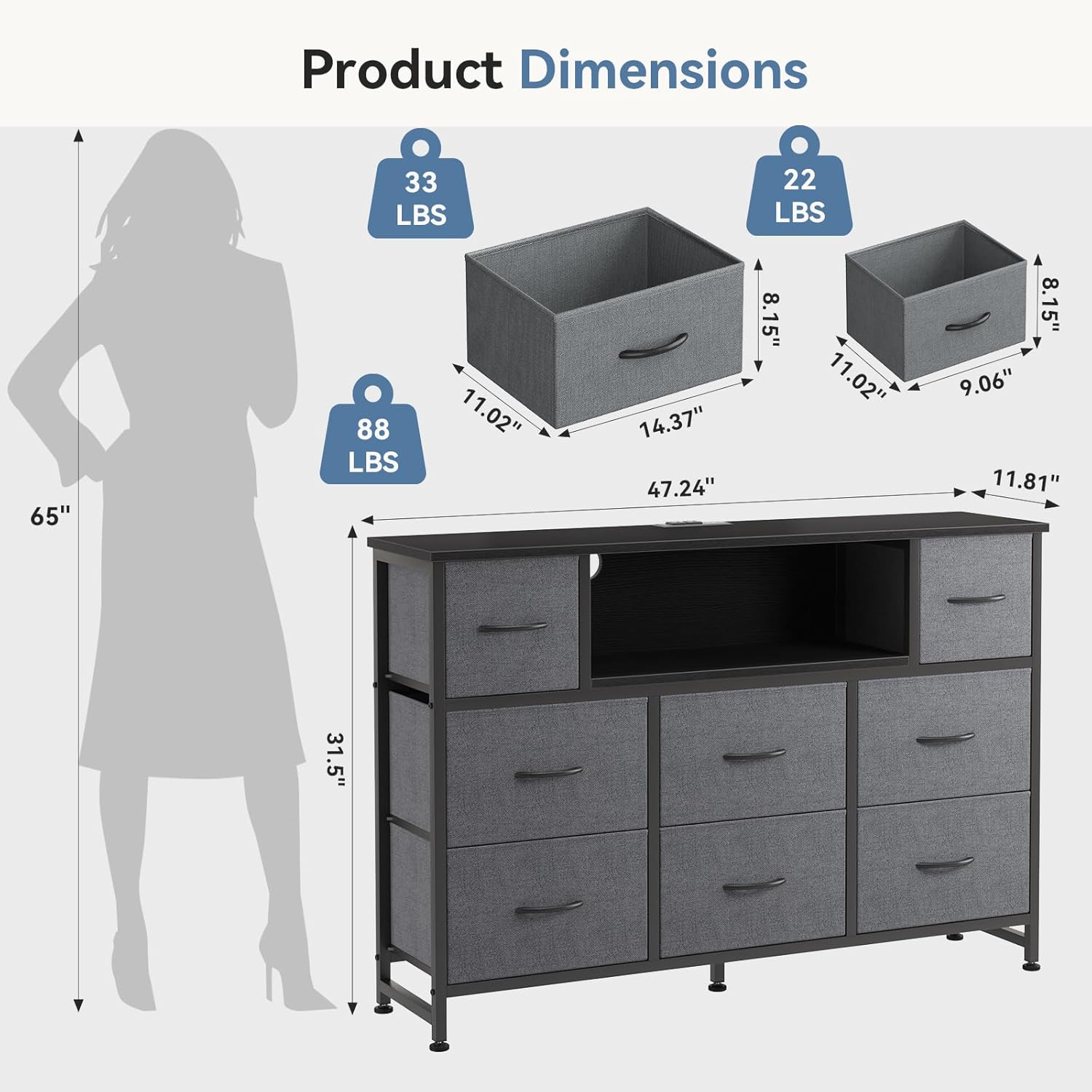 TV Stand Dresser with 8 Fabric Drawers and Open Shelves, LED Entertainment Center with Charging Station, Wood Top Media Console for 45-55 inch, Bedroom, Grey