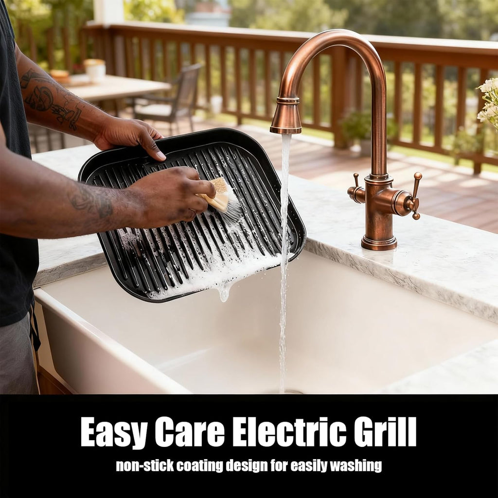 Electric Grill Outdoor/Indoor, 8-in-1 Multifunctional Large Electric BBQ Grill for Air Fry, Bake, Roast, Steak, Broil and Dehydrate, Safe Non-Stick Coating, Fry Basket Included
