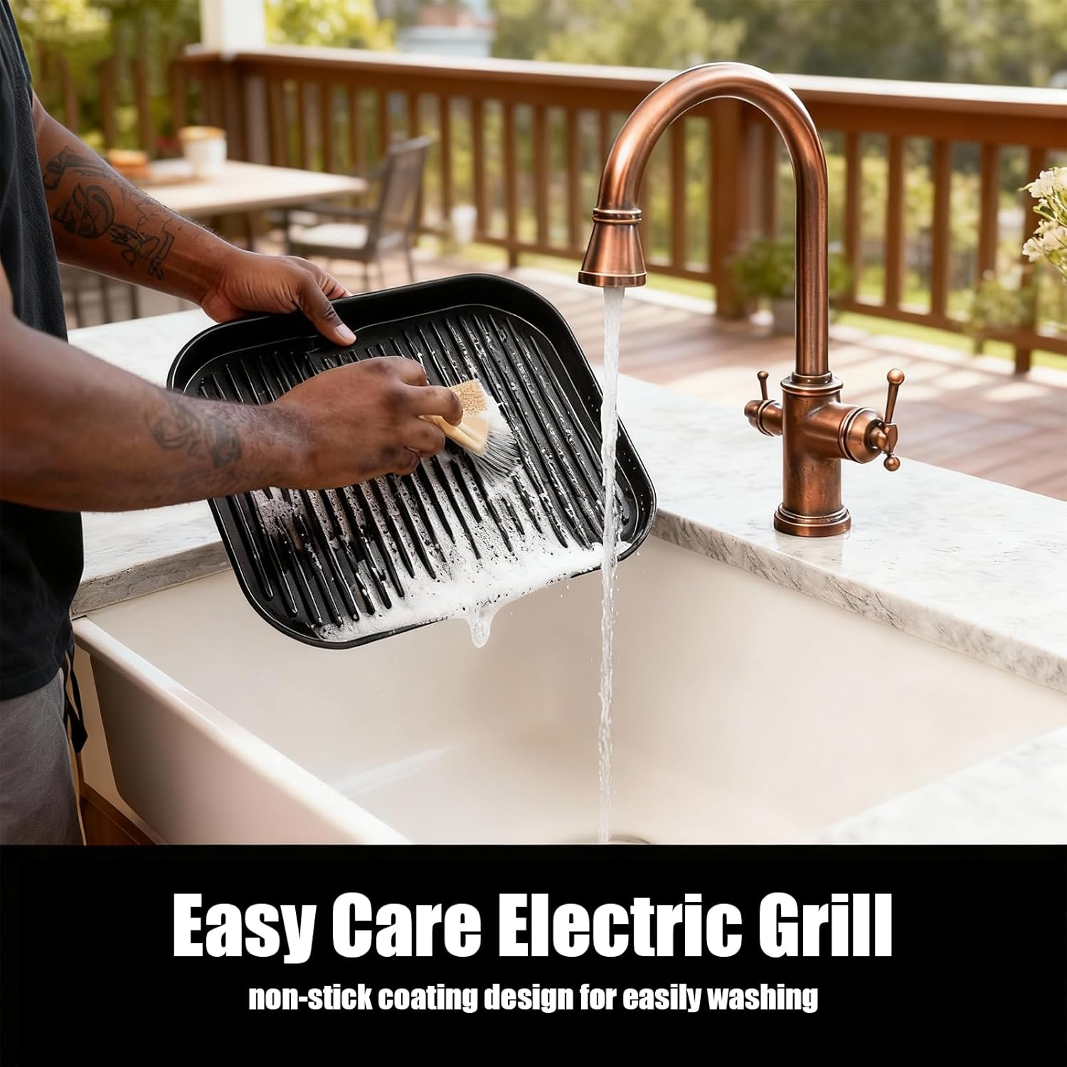 Electric Grill Outdoor/Indoor, 8-in-1 Multifunctional Large Electric BBQ Grill for Air Fry, Bake, Roast, Steak, Broil and Dehydrate, Safe Non-Stick Coating, Fry Basket Included