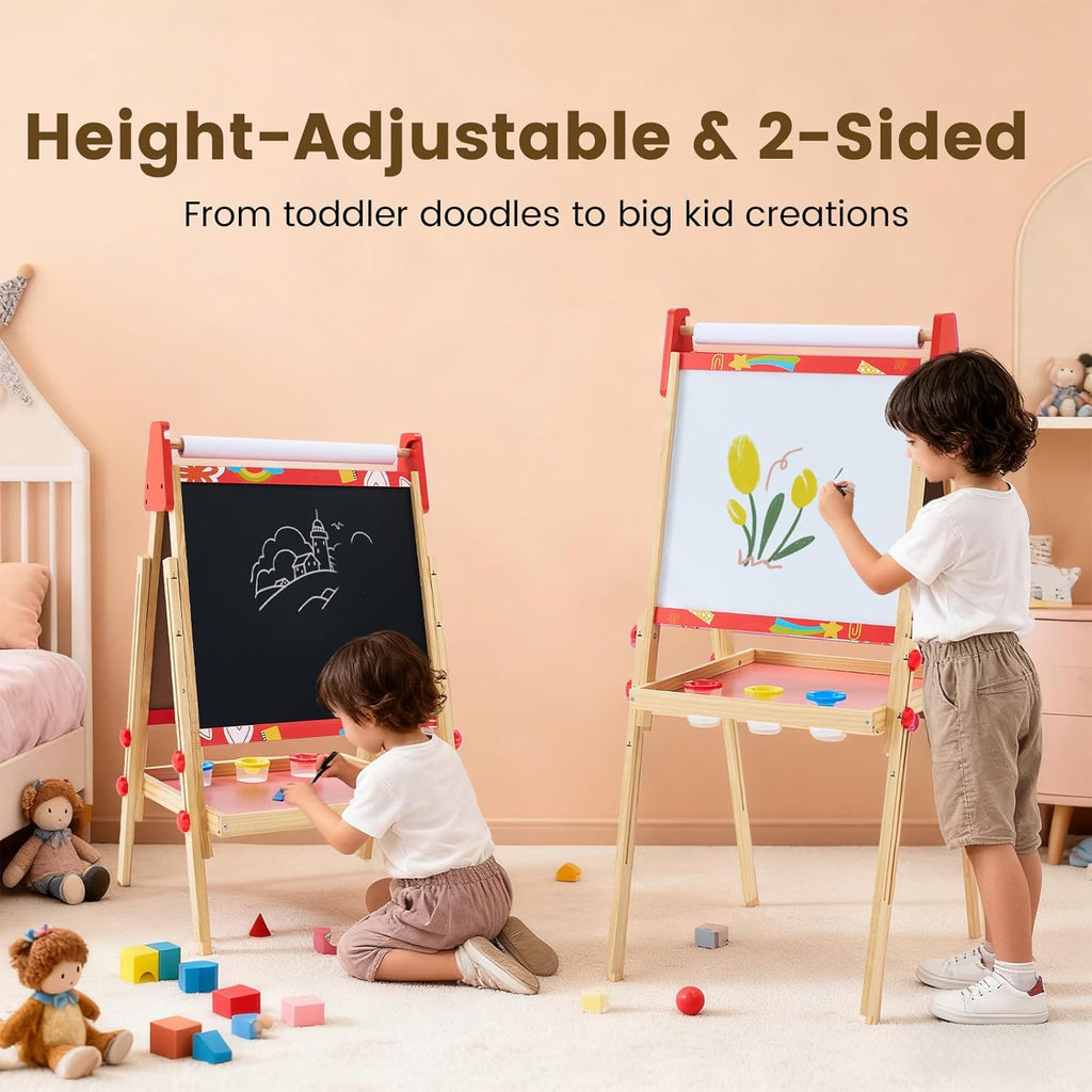 Kids Easel Set with Paper Roll, Adjustable Height Double-Sided Magnetic Chalkboard & Whiteboard Art Station for Ages 3+, Dry Erase Board, Gift for Girls and Boys, Red
