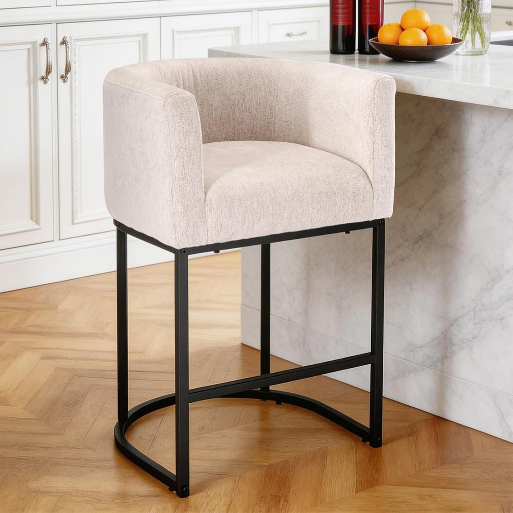 Barrel Bar Stools Set of 2, Modern Counter Height Barstools with Linen Fabric Upholstered Seat, 350lbs Capacity Kitchen Island Chair, Bar Stools with Metal Sled Base and Footrest, Light Grey